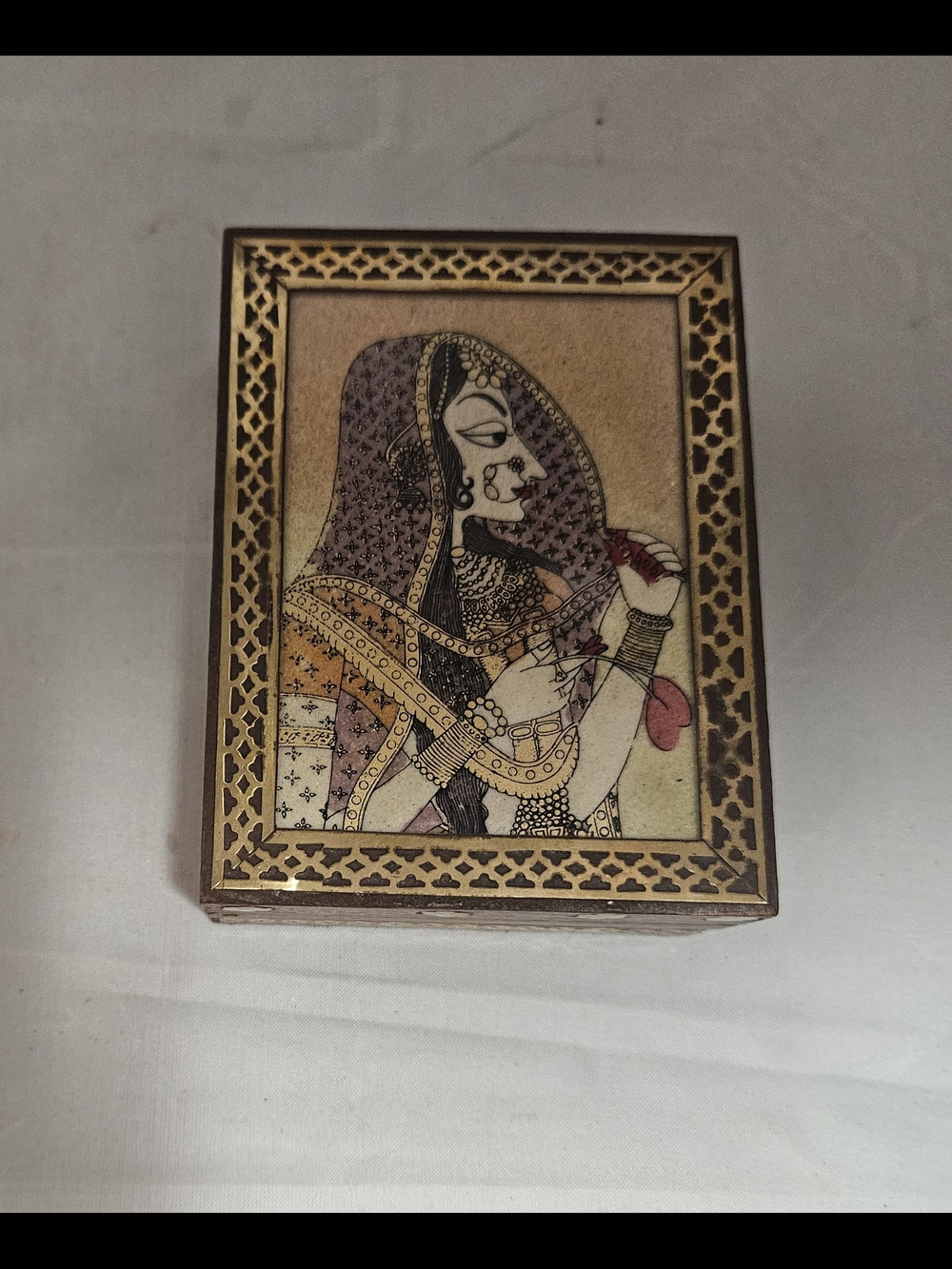 Gemstone Sand Painted Mini Decorative Box with Woman Motif in Purple and Gold